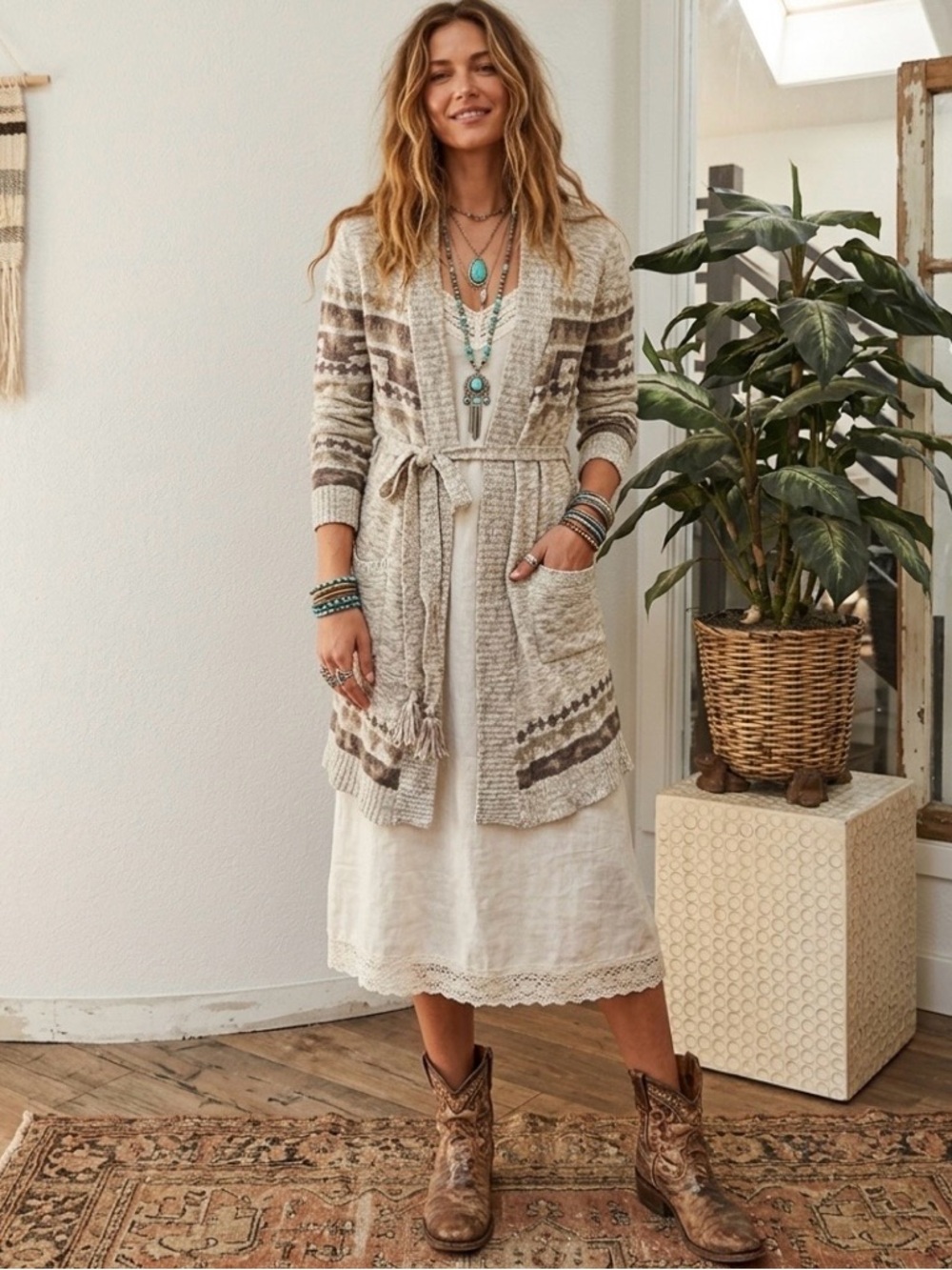 lovestitch Deadstock Southwestern Cream Taupe Boho Sweater S Belted Cardigan